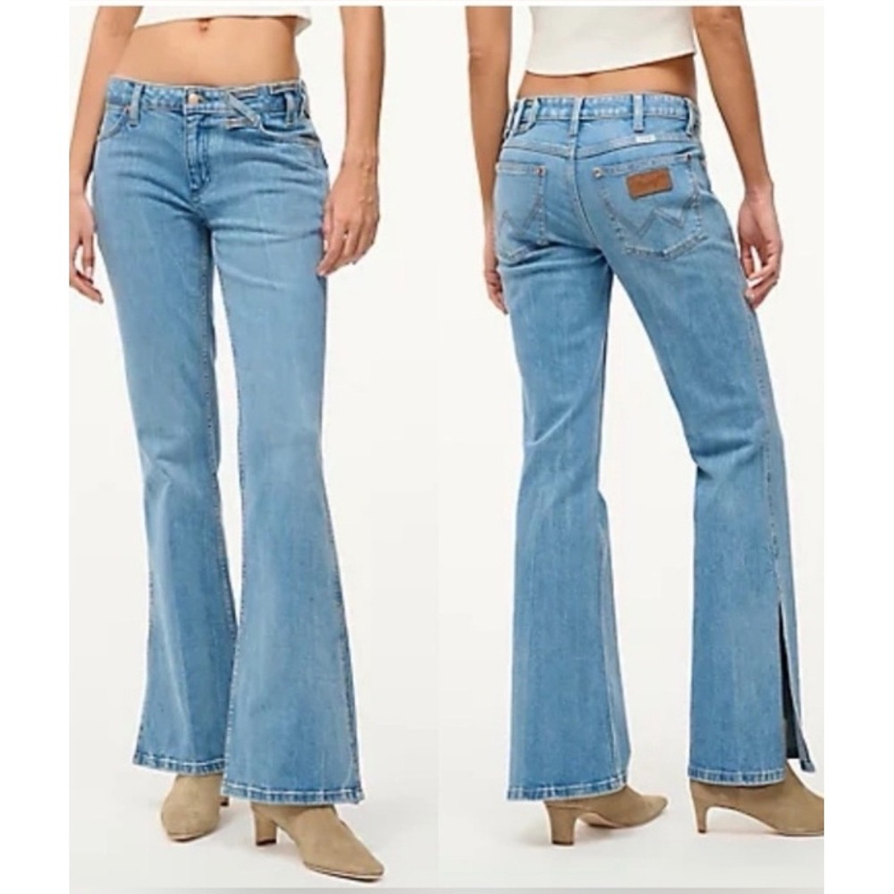Wrangler x STAUD The Bikini Low Rise Flare Jeans Side Slit Blue Denim 29x34